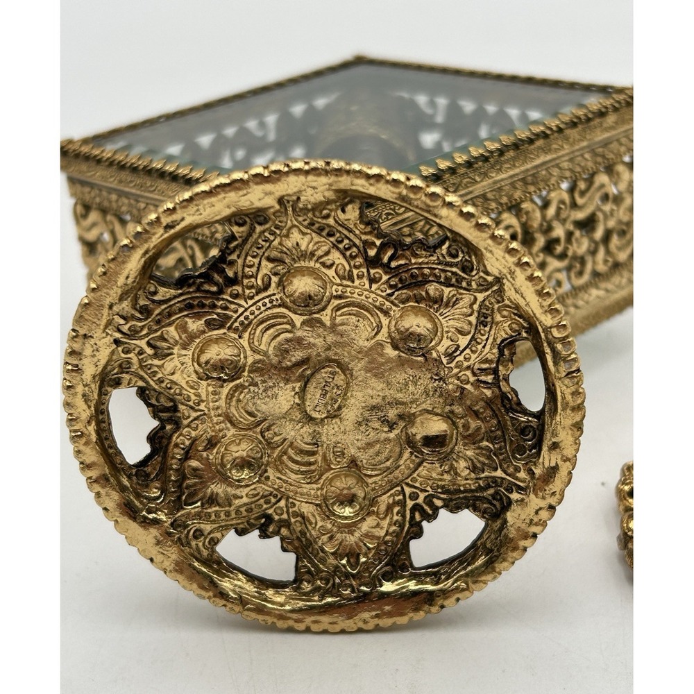 Vintage Brass Filigree Floral Ormolu Perfume Bottle Antique Glass Ornate Vanity - Picture 9 of 10